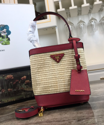 Prada Panier Medium Straw Bag Red