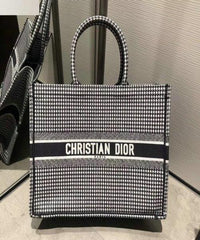Dior Book Tote Bag In White and Black Embroidered Canvas Houndstooth Motif