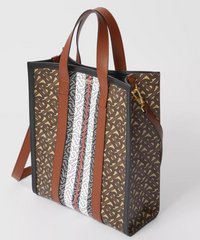 Burberry Monogram Stripe E-Canvas Portrait Tote Bag Bridle Brown