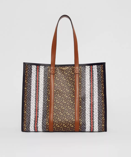 Burberry Small Monogram Stripe E-Canvas Tote Bag Brown