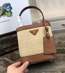 Prada Panier Medium Straw Bag Dark Brown