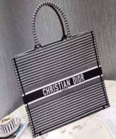 Dior Book Tote Bag In White and Black Embroidered Canvas Houndstooth Motif