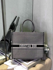 Dior Book Tote Bag In White and Black Embroidered Canvas Houndstooth Motif