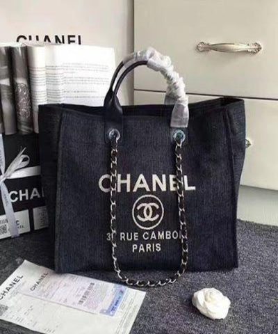 Chanel Deauville Fabric Tote Dark Black