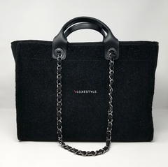 Chanel Deauville Fabric Tote Black With Grey, Black And White Stripes