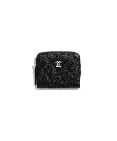 Chanel Classic Zipper Coin Purse Silver Tone Black