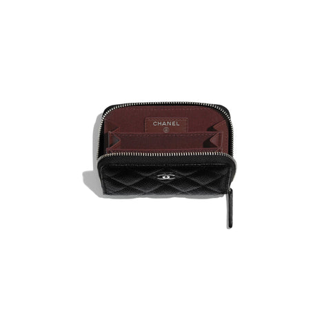 Chanel Classic Zipper Coin Purse Silver Tone Black