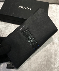 Prada Saffiano and Crocodile Leather Wallet All Black With Crocodile Insert