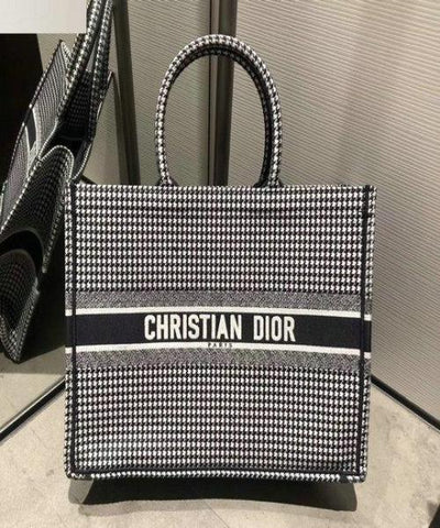 Dior Book Tote Bag In White and Black Embroidered Canvas Houndstooth Motif