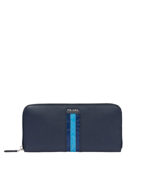 Prada Saffiano And Crocodile Leather Wallet Light Blue