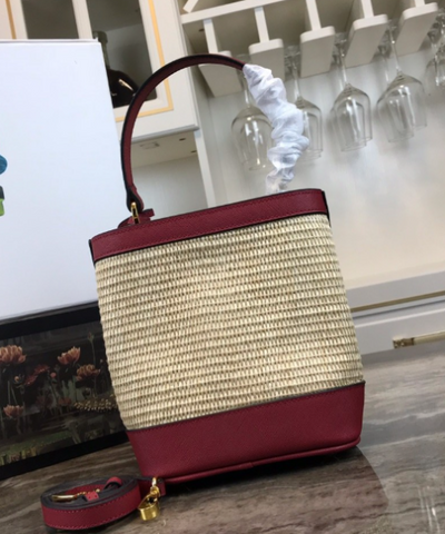 Prada Panier Medium Straw Bag Red