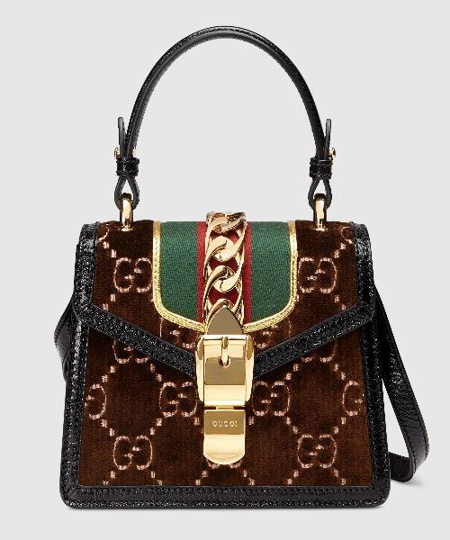 Gucci Sylvie GG Velvet Small Shoulder Bag Brown
