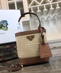 Prada Panier Medium Straw Bag Dark Brown