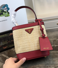 Prada Panier Medium Straw Bag Red