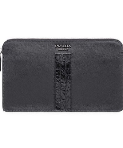 Prada Saffiano And Crocodile Leather Pouch Black