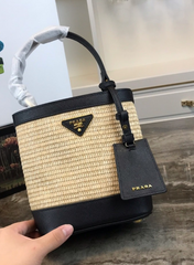 Prada Panier Medium Straw Bag Black