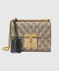 Gucci Padlock Small GG Bees Shoulder Bag Beige Ebony
