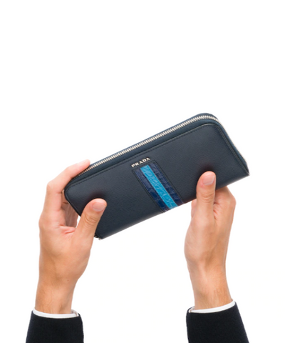 Prada Saffiano And Crocodile Leather Wallet Light Blue