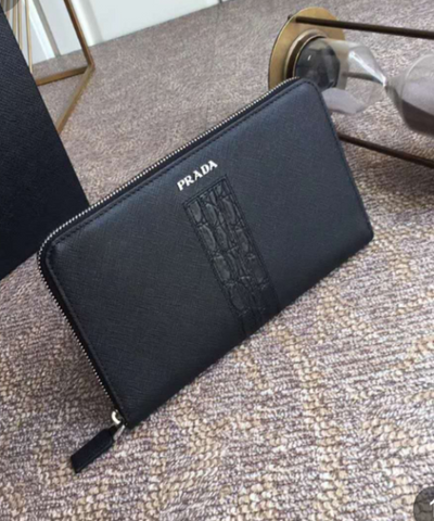 Prada Saffiano and Crocodile Leather Wallet All Black With Crocodile Insert