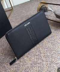 Prada Saffiano and Crocodile Leather Wallet All Black With Crocodile Insert