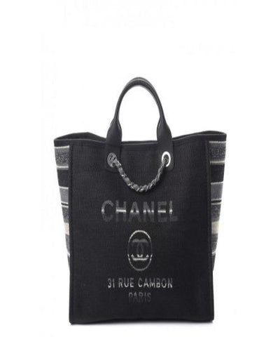 Chanel Deauville Fabric Tote Black With Grey, Black And White Stripes