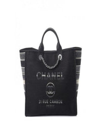 Chanel Deauville Fabric Tote Black With Grey, Black And White Stripes