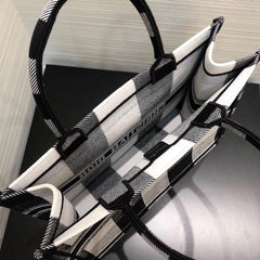 Dior Book Tote In Off-White & Black Embroidered Canvas
