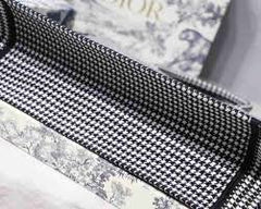 Dior Book Tote Bag In White and Black Embroidered Canvas Houndstooth Motif